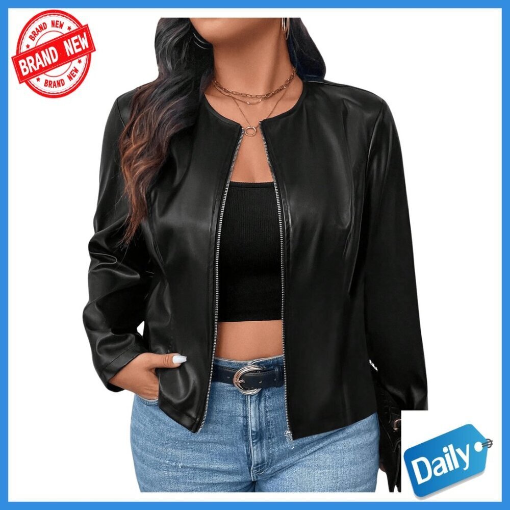 Plus Size PU Leather Bomber Jacket Zip Up Long Sleeve Casual Outerwear